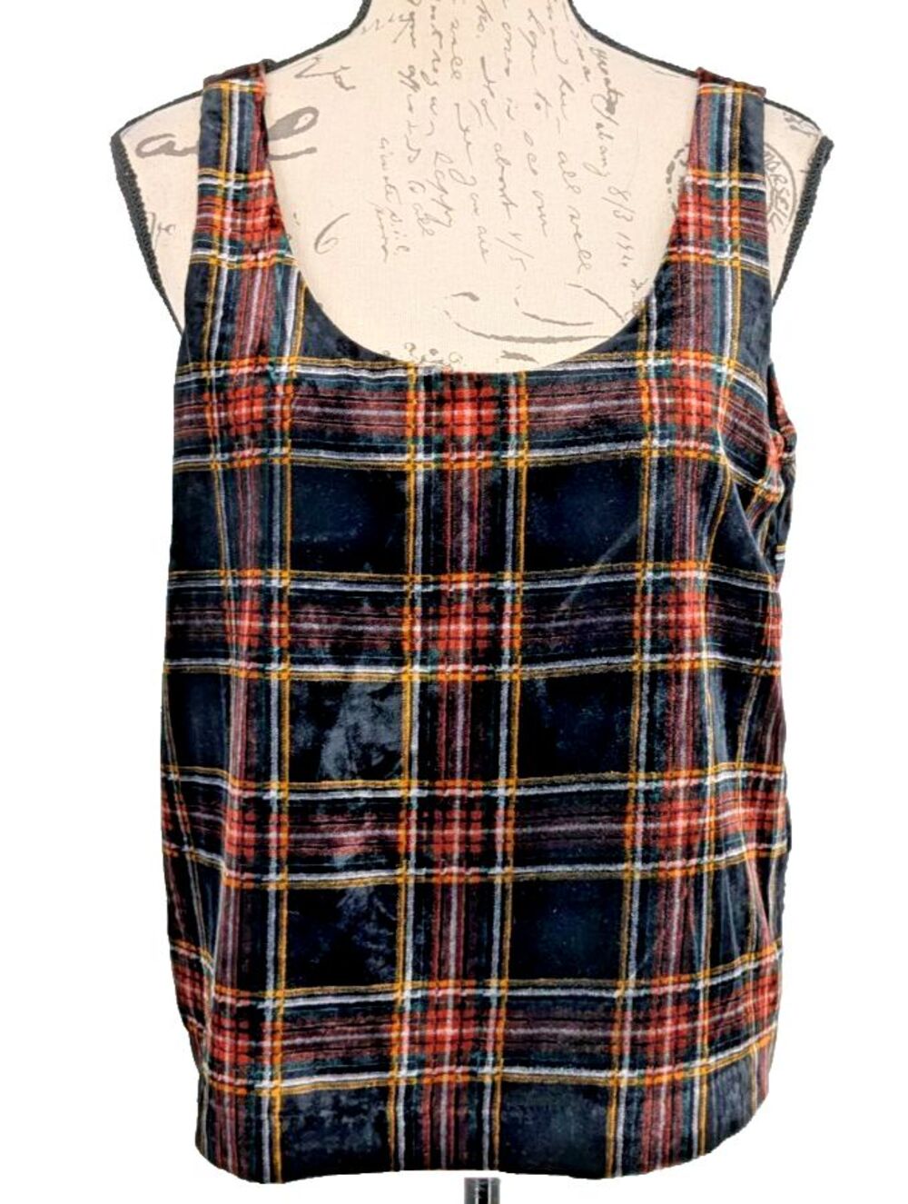 J. CREW Velour Tank Top SIZE 8 Black Multi Plaid Preppy Academia Lined